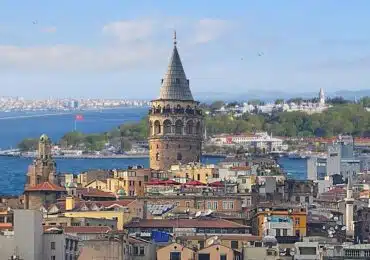 A panoramic view of the Galata Tower surrounded by Istanbul’s vibrant cityscape and the Bosphorus in the background